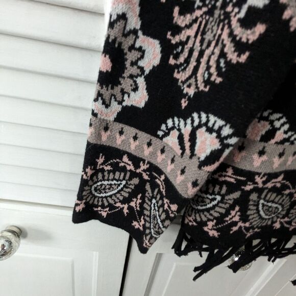 Isaac Mizrahi Live! Women's sz XS Fringe Black/Pink Floral Open Cardigan Pockets - Picture 6 of 9